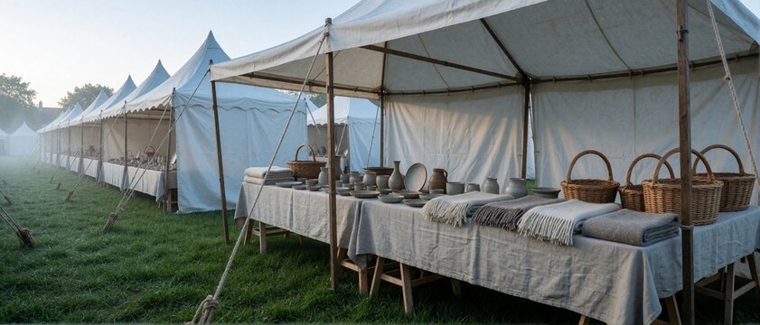 Historical reenactment camp with canvas tents and period tableware