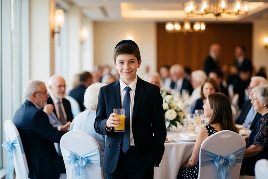 Smiling boy in kippah at bar mitzvah celebration