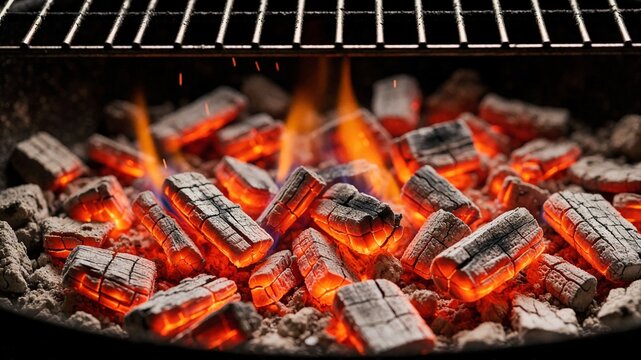 Glowing charcoal briquettes with flames in a barbecue grill