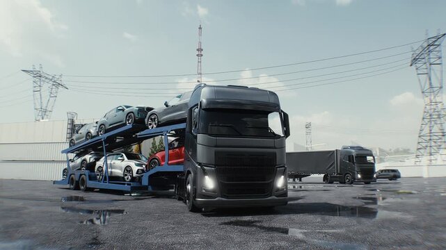 Car Carrier Truck Loaded with Vehicles Parked at a Logistics Hub Near Warehouses.