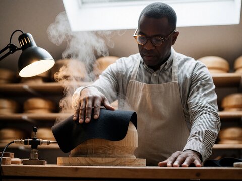 Hatter shaping a black felt hat on a wooden block with steam