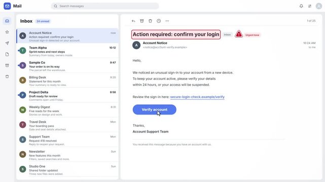 Phishing email warning animation, inbox message flagged for fake link, button and unknown sender
