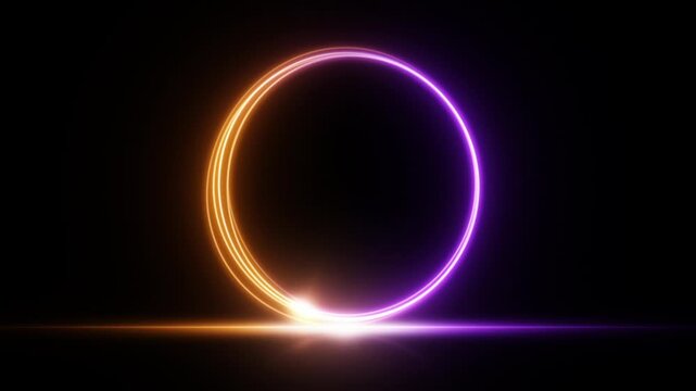 Neon ring rising from glowing horizon line, orange and purple light circle frame on black background