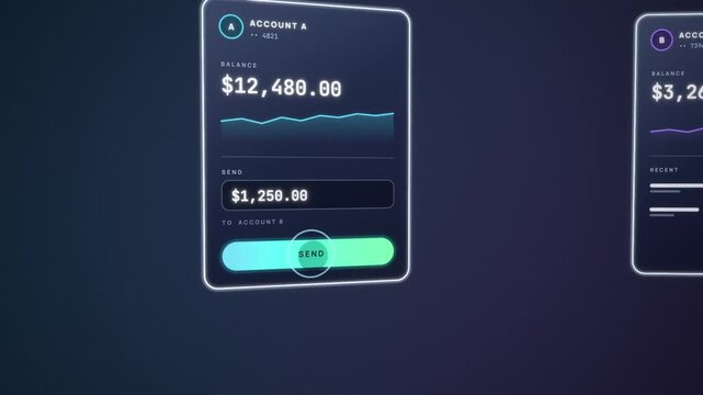 Money transfer animation between two account cards, balances update and green sent checkmark appears