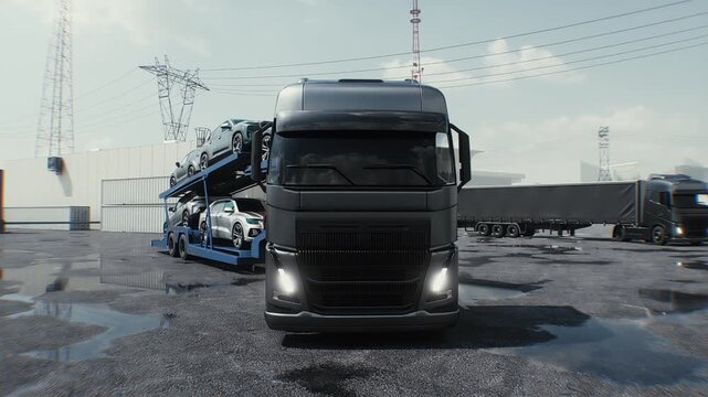 Car Carrier Truck Loaded with Vehicles Parked at a Logistics Hub Near Warehouses.