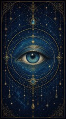 Fototapeta premium Mystical blue eye with gold celestial designs, perfect for mobile wallpaper.