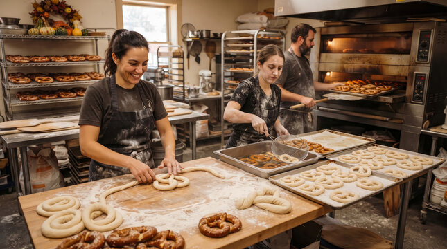 Three bakers working in busy bakery kitchen, shaping dough, frying pretzels, and loading trays into large industrial oven.