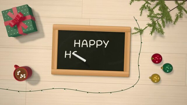 Chalkboard Happy Holidays greeting written in chalk, top view of Christmas decor as string lights glow