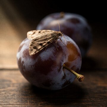Moth resting on a ripe plum with dramatic lighting