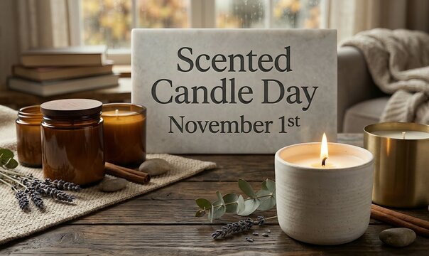 Scented Candle Day November 1st Marble Stone Sign with Burning Candles and Botanical Aromatherapy Elements on Rustic Wooden Table