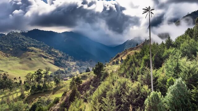 Quindio Wax Palm Ceroxylon quindiuense Growing on High Altitude Mountain Slopes. Time Lapse. Establishing Shot.