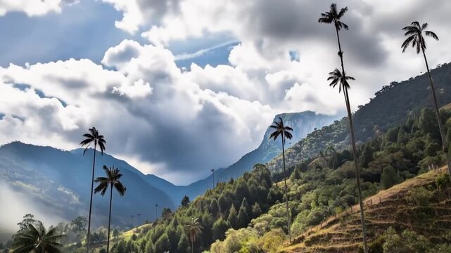 Cocora Valley Giant Quindio Wax Palms Towering above Mountain Hillsides in Salento, Colombia. Time Lapse. Establishing Shot.