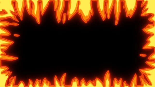 Fire frame border of cartoon flames flickering around black copy space, seamless loop