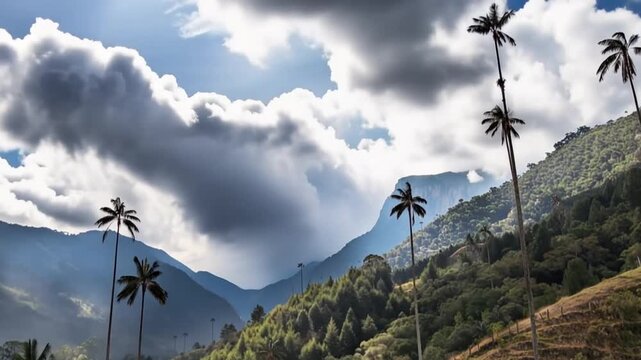 Cocora Valley with Giant Wax Palms Rising across Andean Mountain Slopes in Salento, Colombia. Time Lapse. Establishing Shot.