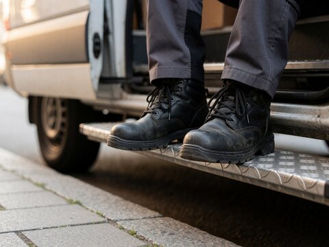 Worker sitting in van with safety boots on step