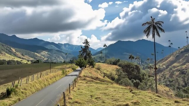Cocora Valley Wax Palms among Mountain Slopes and Moving Clouds in Salento, Colombia. Time Lapse. Establishing Shot.