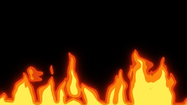 Burning wall of cartoon flames along bottom edge, black copy space above, seamless loop