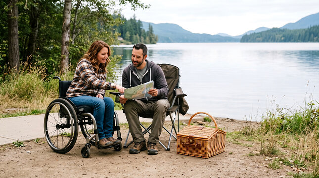 Realistic stock photo of a wheelchair user sharing a lakeside picnic and conversation with a companion for inclusive living, captured with balanced natural light and a softly blurred background