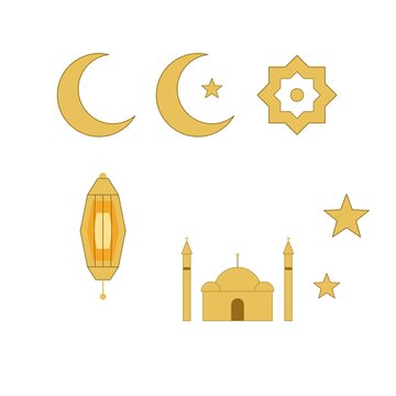 Set of golden Eid and Ramadan elements crescent lantern mosque and stars