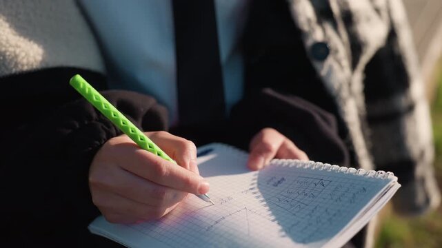 Close up shows someone hand holding green pen and writing in open notebook with grid paper wearing casual outerwear. scene is set outdoors with natural lighting