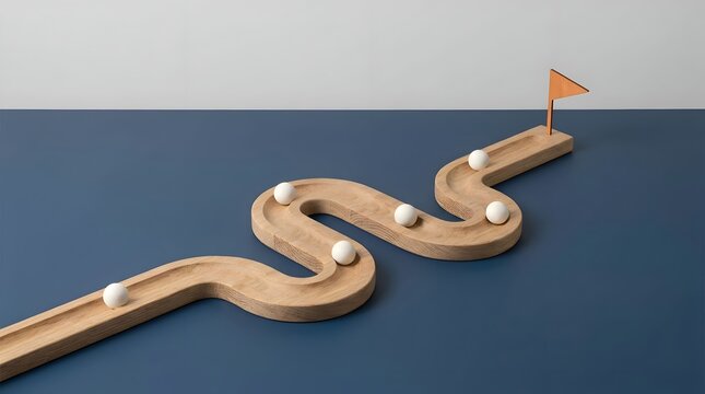 Strategic business planning and progress concept featuring a winding wooden path with white spheres as milestones and a goal flag at the end to represent success and journey achievement.