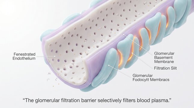 3d medical illustration of the glomerular filtration barrier in the
