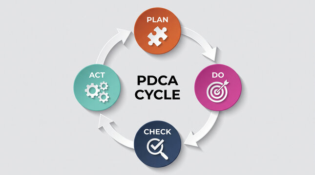Minimalist corporate infographic graphic representing the pdca cycle with plan, do, check, and act circular phases, featuring professional management icons on a grey background