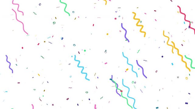 Colorful celebration confetti alpha channel streamers float downward across clean white