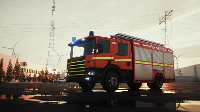 Fire Truck Parked on an Open Asphalt Lot at Sunset, Emergency Services Concept.