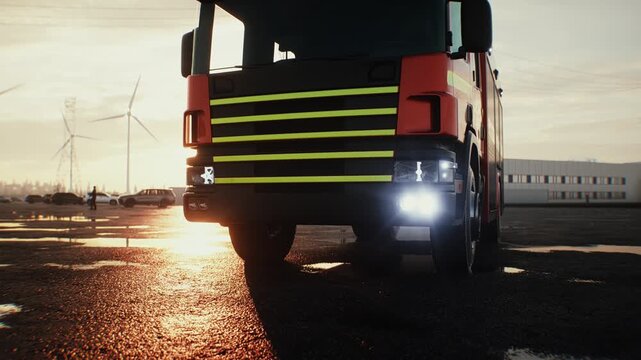 Fire Truck Parked on an Open Asphalt Lot at Sunset, Emergency Services Concept.