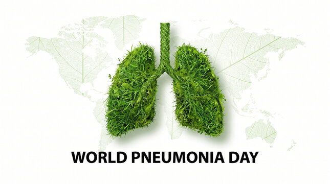World pneumonia day awareness with green grassy lungs over world map with symbolize respiratory health public health campaign overlaid faint world Every Breath Counts breathing