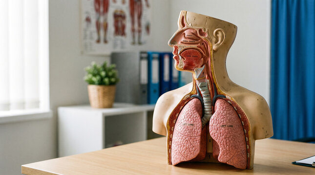 Human torso model displaying lungs and respiratory system on office desk for health awareness with World Pneumonia Day November 12 anatomical model highlights Every Breath Counts