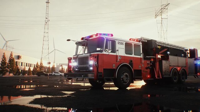 Fire Truck Parked on an Open Asphalt Lot at Sunset, Emergency Services Concept.