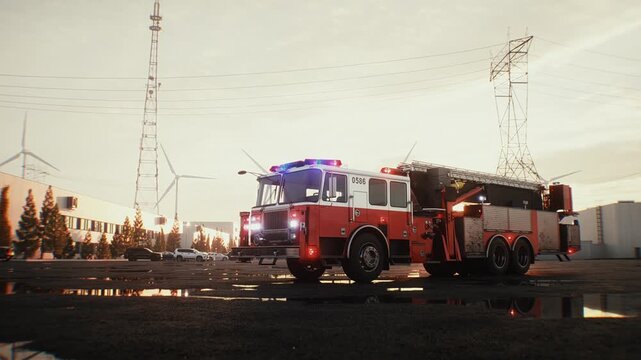 Fire Truck Parked on an Open Asphalt Lot at Sunset, Emergency Services Concept.