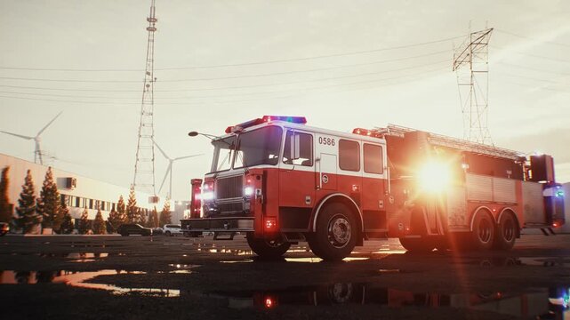 Fire Truck Parked on an Open Asphalt Lot at Sunset, Emergency Services Concept.