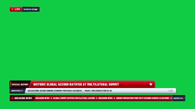Live broadcast of historic global accord ratification at multilateral summit with green screen background and breaking news updates