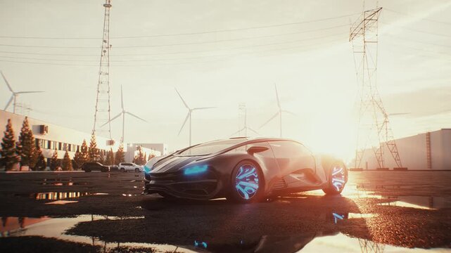 Futuristic Car Parked at Sunset with Wind Turbines in the Background.