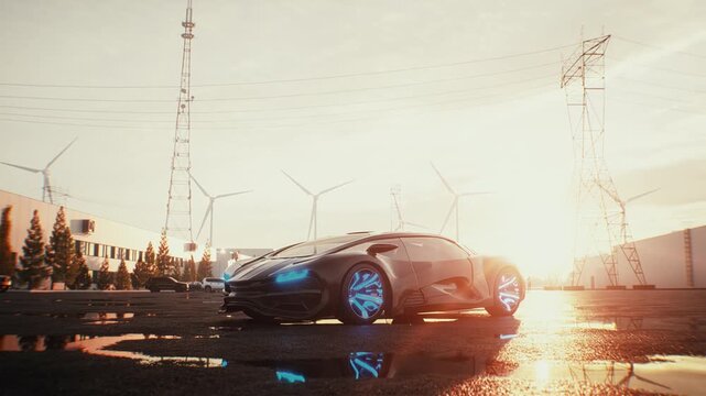 Futuristic Car Parked at Sunset with Wind Turbines in the Background.