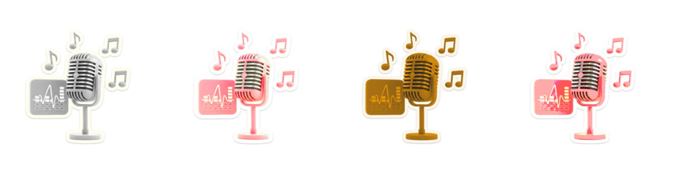 Vintage microphone with musical notes and audio wave display for podcast recording and radio broadcasting 3d isometric design.
