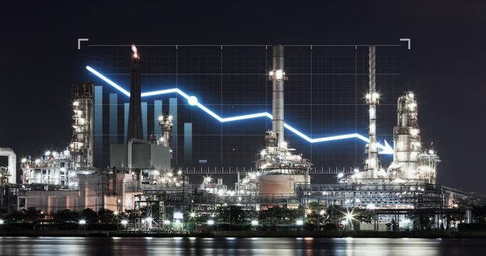 Descending blue bars and glowing downward arrow animate over oil refinery near Bangkok, Thailand, at night. Grid, flame and river reflections illustrate energy market decline and petroleum losses.