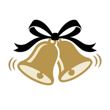 Pair of ringing gold bells tied with black ribbon bow