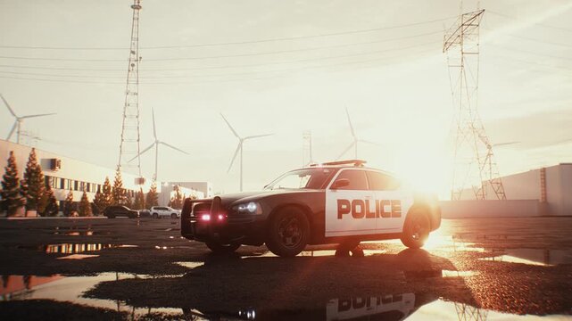 Police Car with Flashing Emergency Lights Parked on an Open Asphalt Lot at Sunset.
