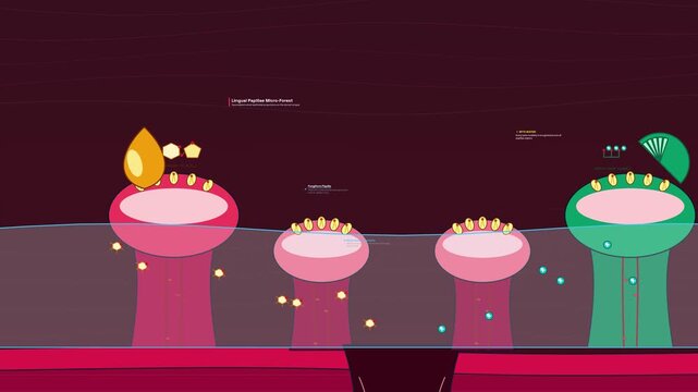Animated diagram illustrating the biological mechanism of taste on the tongue, comparing sweet detection via GPCR cascade to sour detection through direct proton influx in lingual papillae cells