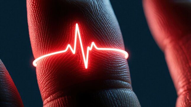 Close up of glowing red heartbeat pulse line on human finger. Digital biofeedback tech displays vital signs through smart ring sensor. Futuristic wearable device monitors heart rate, biometric data