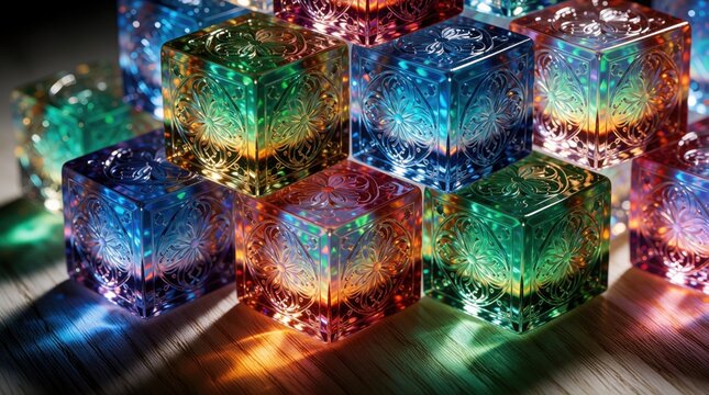 Colorful translucent glass cubes with ornate floral patterns glow on wooden surface. Multicolored light shines through crystal blocks in rainbow colors. Abstract geometric shapes create bright neon