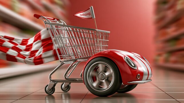 Wide shot of shopping cart, store aisle, flag racing like a sports car with a tiny flag streaming behind while shelves blur in motion. funny marketing scene.