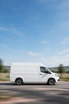 White delivery van in motion on a road under a clear blue sky