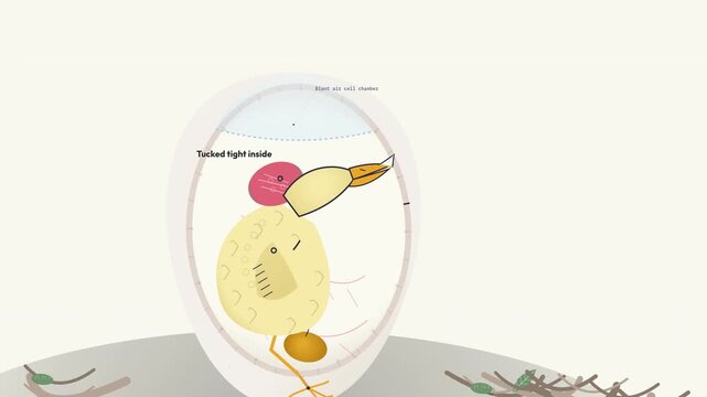 Educational animation detailing the biological process of a Gallus gallus domesticus chick hatching using an egg tooth to pip the shell and emerge from the nest