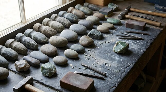 Prehistoric stone axes and raw minerals arranged neatly on a dark wooden artisan workbench under bright natural sunlight
