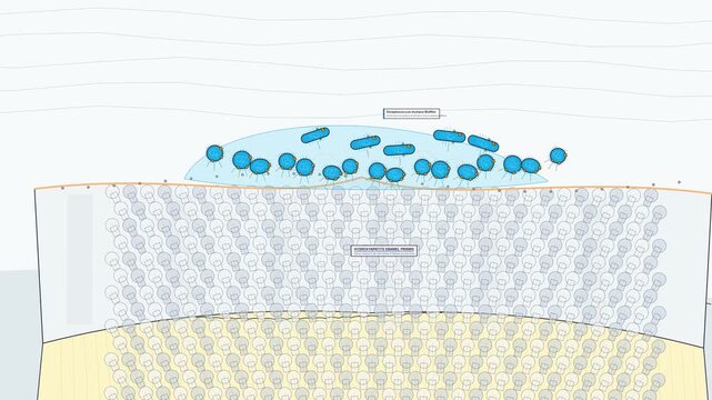 3D educational animation illustrating the process of dental caries formation where bacteria in plaque ferment sugars to produce acid causing enamel demineralization and tooth decay